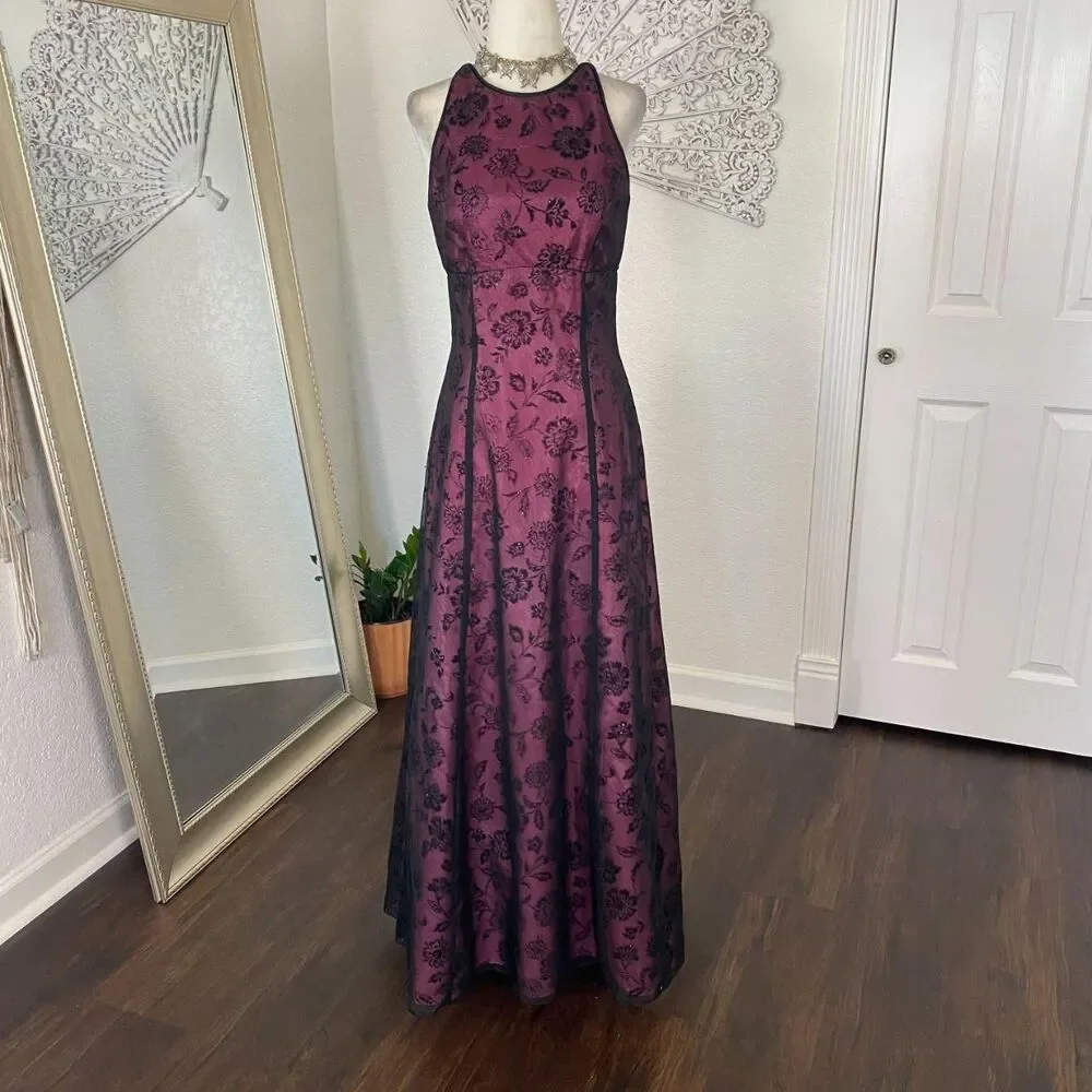 Early 2000's Whimsygoth Black Pink Purple Mesh Rose Crushed Velvet Prom Dress S - Picture 3 of 8